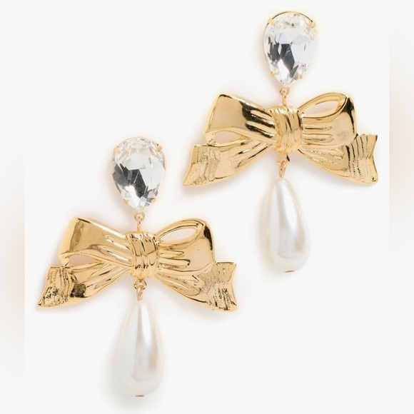 LELET NY Authentic Stella Gold Crystal & Teardrop Pearl Drop Clip Earrings - Picture 7 of 7